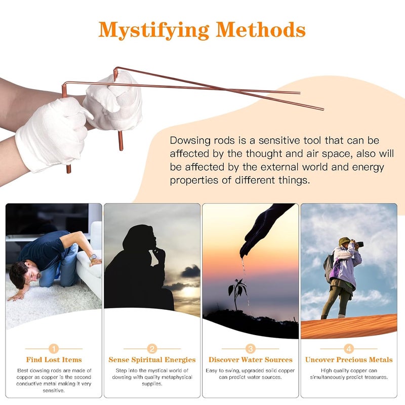 Mardili 99.9% Pure Copper Dowsing Rods Kit- 2PCS 11.8 * 5.12 Inch Divining Rods+Gift Bag+Gloves for Water Divining Witching, Energy Healing, Paranormal, Ghost Hunting, Gold, Yes No Questions (Black) - Image 5